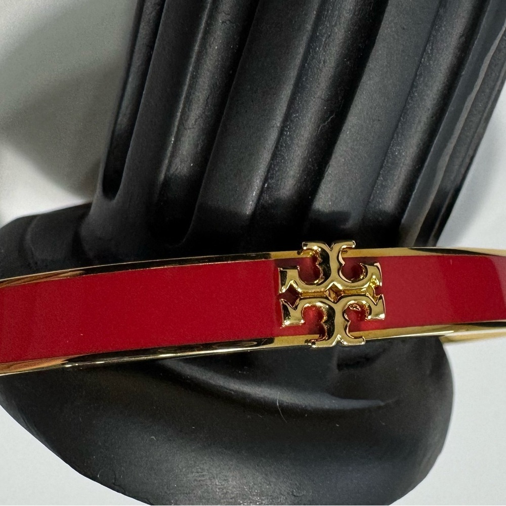 Tory Burch Kira Logo Monogram Red and Gold Bangle Bracelet Medium